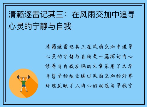 清籁逐雷记其三：在风雨交加中追寻心灵的宁静与自我